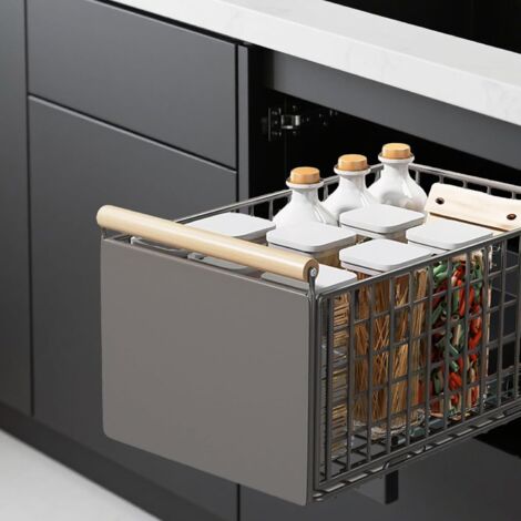 Tiroir Coulissant Télescopique pour Placard, Cuisine Adhesif, Panier Rangement Extensible avec Glissières, Gris, 39.5-56.5 x 23.5 19.5 cm -