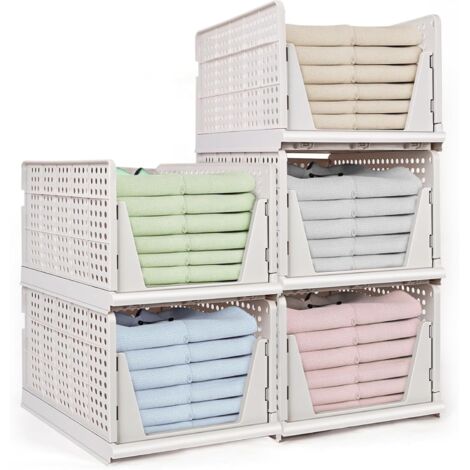Set de 5 Boîtes Rangement Extra-Larges Empilables, Organisateur Pliant en Plastique, Tiroirs Extrait pour Armoire, Idéales Cuisine, Cellier, Chambre, Salle Bain 42 x 33 25 cm - (1/5)