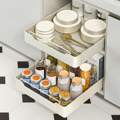 Tiroir télescopique, organiseur, armoire de cuisine, étagères rangement extensibles pour armoires sans perçage ni clouage, 25 cm l x 43 P 7 H (blanc) Blanc. (1/5)