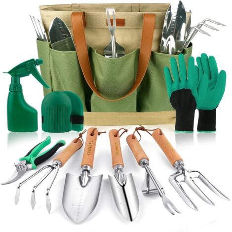 Ensemble d'Outils de Jardinage, 10 Pièces en Acier Inoxydable à Usage intensif avec poignée en Bois antidérapante - Cadeaux pour Les Femmes et Les Hommes, Vert (1/5)