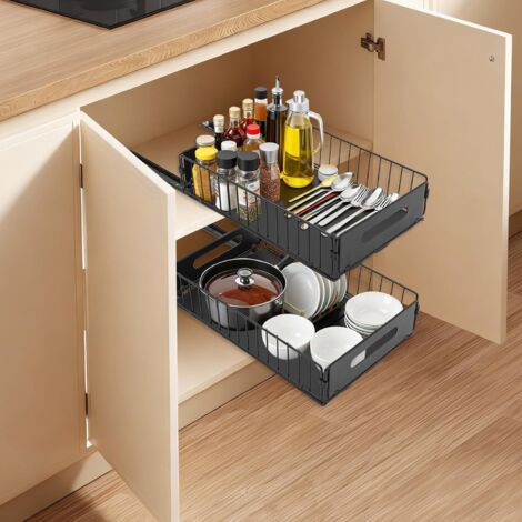 Lot de 2 tiroirs cuisine extensibles avec colle, tiroir télescopique, étagères rangement pour armoires cuisine, organisateur d'armoire, pas perçage ni clouage nécessaires - (1/5)