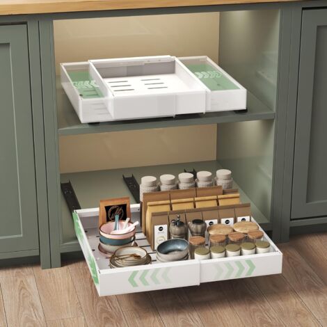 Lot de 2 tiroir coulissant cuisine extensible,plateau placard,tiroirs télescopiques,32-52cm Largeur, 42cm Profondeur,Fixation Autocollante ou par Vis,Blanc Blanc pièces32-52cm Profondeur