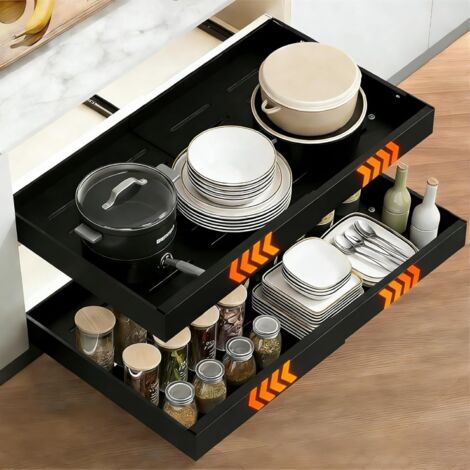 1 tiroir télescopique de cuisine extensible avec colle - Organiseur placard Pour cuisine, pantry, organisation réglable, largeur 32 à 52 cm, noir (1/5)