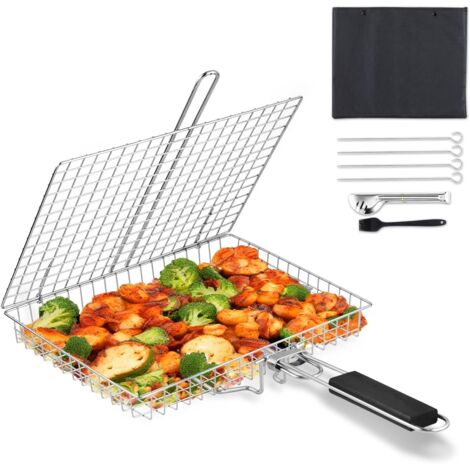 Panier à Griller Poisson, Grille-Barbecue Inox Avec Sac de Rangement & Brosse, Pliable Et Portable, Grille Barbecue Poignée Amovible Pour Légumes, Steak, Crevettes, Côtes -