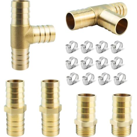 6 Pièces Raccord de Tuyau en laiton 19 mm, 3 Voies T pour Carburant avec 12 Collier Serrage Réglables Eau Gaz Air Huile - (1/5)