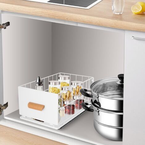 Tiroir télescopique, extensible, pour cuisine, panier, organiseur, tiroir, poignée en bois, plaque avant solide, pantry - (1/5)