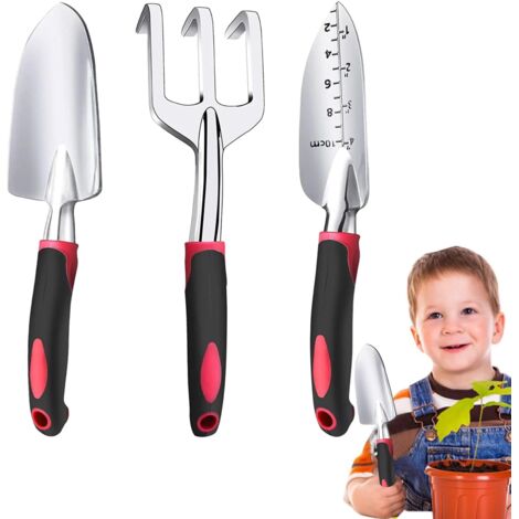 Kit d'outils de jardinage - 3 pièces - Outils de jardinage antidérapants - Fournitures de plantation - Truelle à main, râteau à main pour cultivateur, truelle de transplantation pour fleurs en pot (1/5)