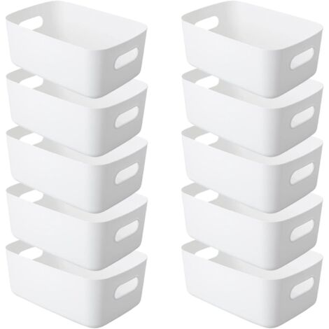 Lot de 10 boîtes rangement en plastique panier avec poignées - 24 x 17 cm Pour armoire cuisine, salle bain, étagère bureau organisatrices Blanc 24x17x10cm
