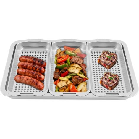Lot de 3 paniers barbecue en acier inoxydable 430 + plaque cuisson spatule à graisse - Argent brossé Passe au lave-vaisselle et four Pour poisson, steak, légumes, camping, terrasse (1/5)