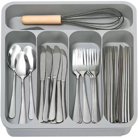 Organiseur de tiroir cuisine – 6 compartiments antidérapants pour économiser l'espace, grand organisateur d'ustensiles cuisine, argenterie, couverts, maquillage, garde-manger - (1/5)