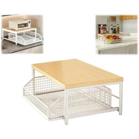 Étagère Micro-Ondes Cuisine Rangement, Support Micro Onde avec Tiroir Coulissant et Panier, pour Comptoir de Cuisine, Coin Café Petits Espaces, Design Compact Gain Place, Bois Métal (Blanc) Blanc - (1/5)