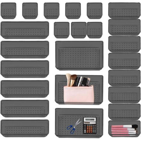 Ensemble d'organiseurs de tiroir Plateaux rangement pour cuisine, organiseurs tiroir, bacs rangement, organisateur d'outils antidérapants ustensiles gadgets, Noir - (1/5)