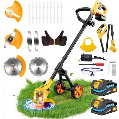Debroussailleuse Electrique sans Fil 21V, Débroussailleuse Batterie avec 2 Batteries 2,0 Ah, Chargeur et Roues Amovibles, Coupe Bordure sans Fil avec Batterie pour Tondre Le Jardin et la Pelouse.