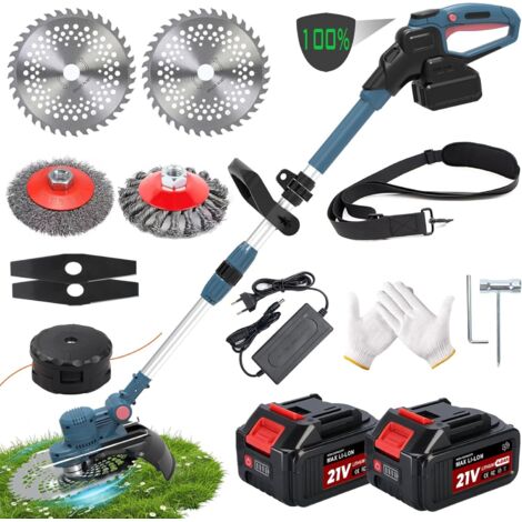 Coupe Bordure sans Fil avec Batterie,Coupe-Herbe 5 en 1 à Batterie-Moteur sans balais 750 W, Débroussailleuse avec 2×4,0 Ah 21 V, Pliable - Convient pour Le Jardin, la pelouse et Le désherbage - Bleu (1/5)