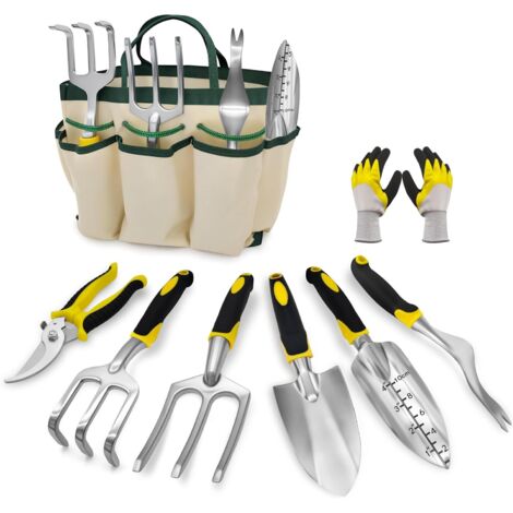 Ensemble Outils de Jardinage 8 Pièces - Truelles, Râteaux, Sécateur, Gants et Sac de Rangement, Acier Inoxydable, Poignées Ergonomiques, Idéal pour Plantation et Entretien du Jardin (1/5)