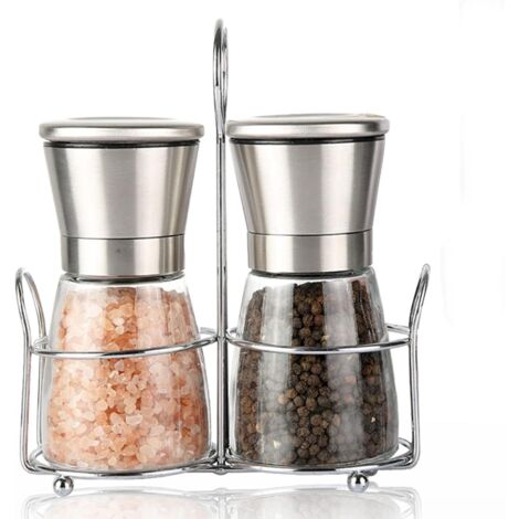 Lot de 2 Moulins à épices, Broyeur en céramique, Corps en verre, Réglable, Étagère en acier inoxydable (1/5)