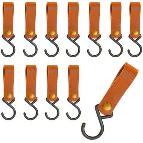 Crochet S en Cuirs, 12 Pièce Crochets de Suspension avec Boucle en Cuir, Caramel Crochets-Tringle Vêtements de S avec Boucle en Cuir, pour le Camping, la Cuisine et Salle de Bain