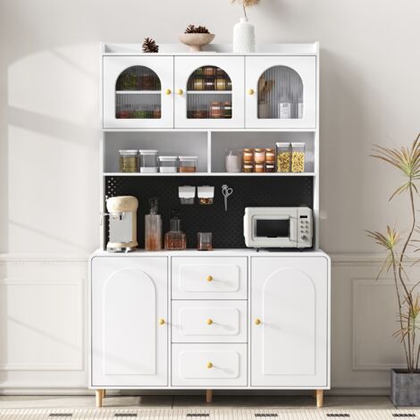 Mobile Cucina Credenza Alta, Armadio Dispensa con pannello forato e gambe in legno massiccio, Mobiletto con cassetti e ante in vetro scanalato, Stile Moderno per Sala da Pranzo, Bianco