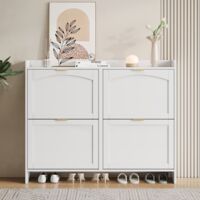 Scarpiera con 4 scomparti a ribalta, Mobile portascarpe per ingresso e corridoio, Scaffale salvaspazio con ripiano aperto, Design moderno in legno, Bianco