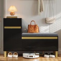 Scarpiera con panca, Mobile da ingresso moderno, Panca contenitore con cassetto e ante, Design elegante in MDF, Nero