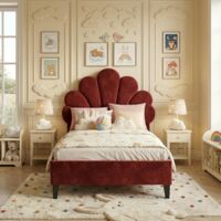 Letto per bambini 90x200 cm, letto imbottito in velluto - Testiera a forma di petalo, rete a doghe inclusa, design scandinavo, rosso