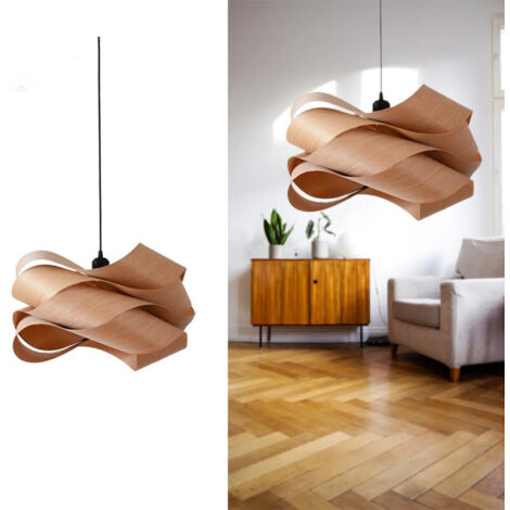 Moderne Pendelleuchte von JOYINLED aus Holzfurnier, 45 cm hoher, geschwungener Kronleuchter aus natürlicher Eiche, handgefertigt, E27-Fassung, Deckenleuchte für das Wohnzimmer
