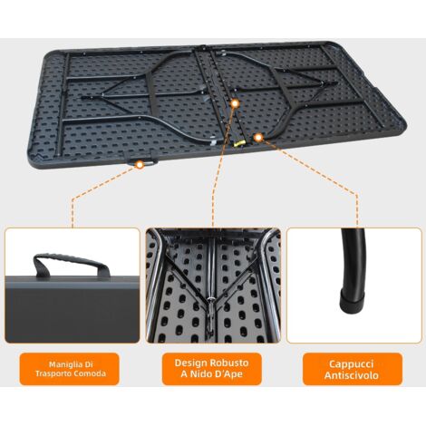Tavolo pieghevole portatile 180 cm robusto con maniglia, multifunzionale per campeggio picnic interni/esterni, capacità 135 kg, colore nero (1/5)