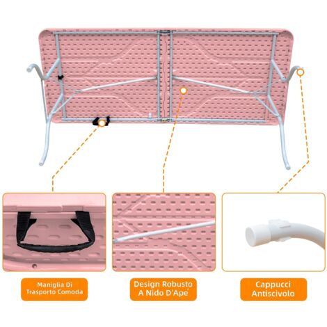 Tavolo pieghevole portatile 180 cm robusto con maniglia, multifunzionale per campeggio picnic feste interno esterno, capacità 135 kg, colore rosa