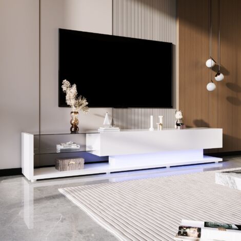 Meuble TV moderno 170x38x36 cm con ripiani in vetro lucido e illuminazione LED regolabile, colore bianco (1/5)