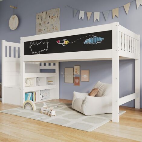 Letto a soppalco per bambini 90x200 cm con lavagna, cassetti e protezione anti caduta, colore bianco