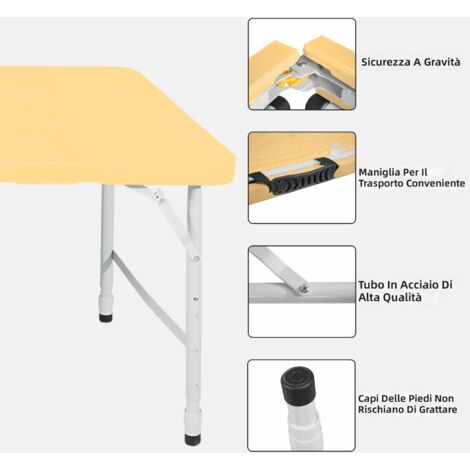 Tavolo pieghevole portatile 125 cm con maniglia, altezza regolabile per interni ed esterni, resistenza 135 kg, colore giallo chiaro, ideale per campeggio picnic e feste