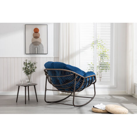 Sedia a Dondolo in Rattan per Esterni con Cuscino Imbottito, Poltrona Relax per Giardino Terrazza Veranda, Blu Navy