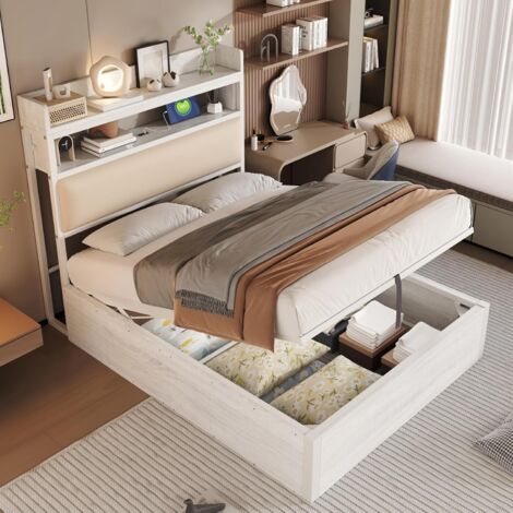 Letto a ribalta idraulico 90x200 cm con testiera imbottita, vano contenitore, porte USB e Type C, colore bianco (1/5)