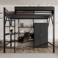 Letto a soppalco 140x200 cm con scrivania integrata, doppio spazio di archiviazione, guardaroba e armadio, struttura in metallo e MDF, colore nero