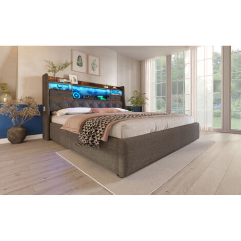 Bett mit Stauraum Leinen Grau 140x200 cm, inklusive Matratze, LED-Kopfteil mit USB und Type-C (1/5)