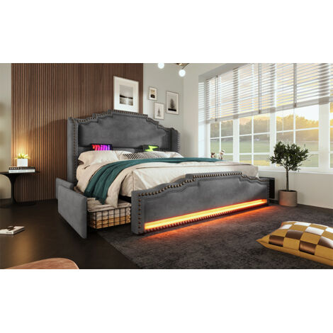 Bett mit Stauraum Samt Grau 140x200 cm, inklusive Matratze, LED-Beleuchtung, USB-C und Lattenrost (1/5)