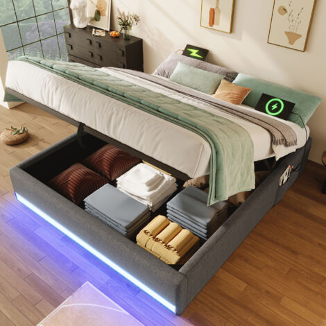 Bett mit Stauraum Leinen Grau 140x200 cm, mit LED, USB und Typ-C, hydraulischem Bettkasten (1/5)