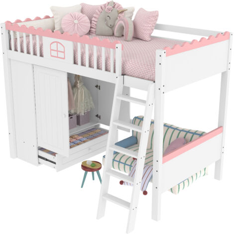 Hochbett Kinderbett aus Kiefernholz und MDF in Weiß, 90x200 cm, mit Kleiderschrank, Schublade und LED-Leiste