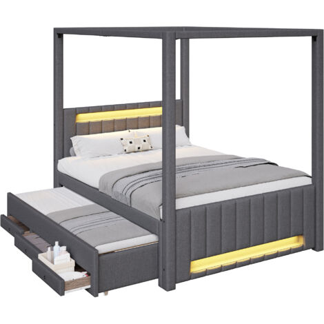 Himmelbett Polsterbett Leinen Grau 140x200 cm mit Ausziehbett, 3 Schubladen und LED-Beleuchtung