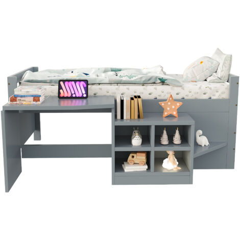 Kinderbett Holz Grau 90x200 cm mit Schreibtisch, Stauraum und Steckdose mit USB
