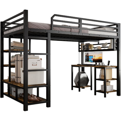 Hochbett Metall & Holz Schwarz/Dunkelwalnuss 120x200 cm mit Schreibtisch, Ablagefläche und Lattenrost