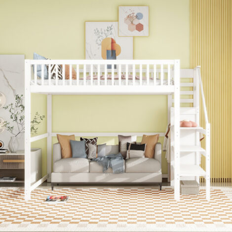 Hochbett Holz Weiß 140x200 cm mit Treppe, Kleiderschrank und Lattenrost
