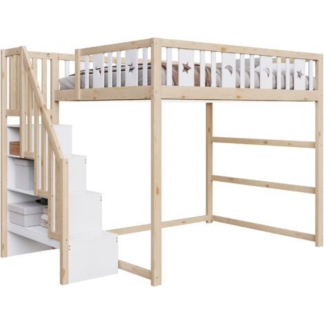 Hochbett Massivholz Natur/Weiß 140x200 cm mit Treppe, Regalen und Sofabereich