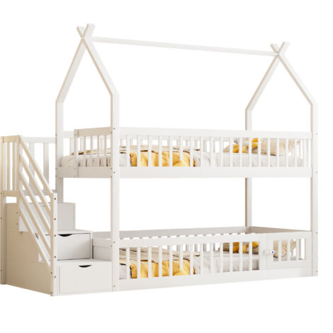 Etagenbett Massivholz Weiß 90x200 cm mit Hausdach, Treppe und Schubladen