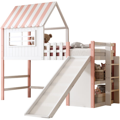 Hochbett Massivholz Rosa 90x200 cm mit Rutsche, Leiter, Dachdesign und Stauraum