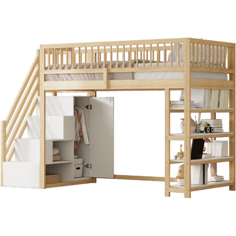 Hochbett Massivholz Holzfarbe 90x200 cm mit Kleiderschrank, Regalen, Stauraum und Leiter