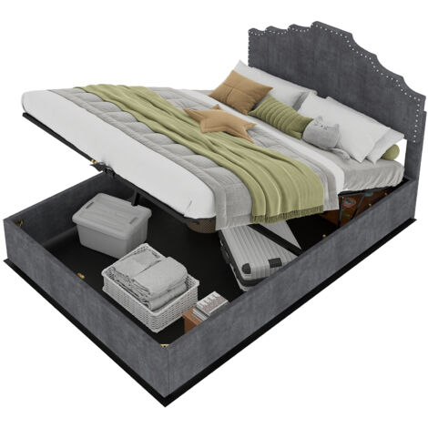 Bett Stoff Grau 140x200 cm mit gepolstertem Kopfteil und Lattenrost (1/5)