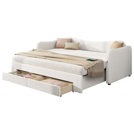 Polsterbett Bouclé Beige 90x200 cm, ausziehbar auf 180x200 cm, mit 2 Schubladen, USB und Typ-C, inklusive Lattenrost