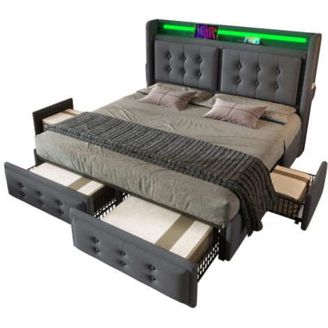 Bett mit Stauraum 140x200 cm Baumwoll-Leinen Grau, inklusive Matratze, LED-Kopfteil, USB-C und 4 Schubladen (1/5)
