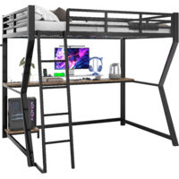 Hochbett Metall/MDF Schwarz 90x200 cm mit Schreibtisch, LED-Beleuchtung, Treppe und Steckdose+USB